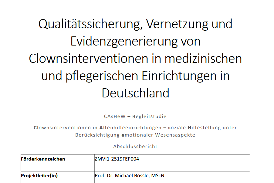 Titelseite des Abschlussberichts "Qualitätssicherung, Vernetzung und Evidenzgenerierung von Clownsinterventionen in medizinischen und pflegerischen Einrichtungen in Deutschland"